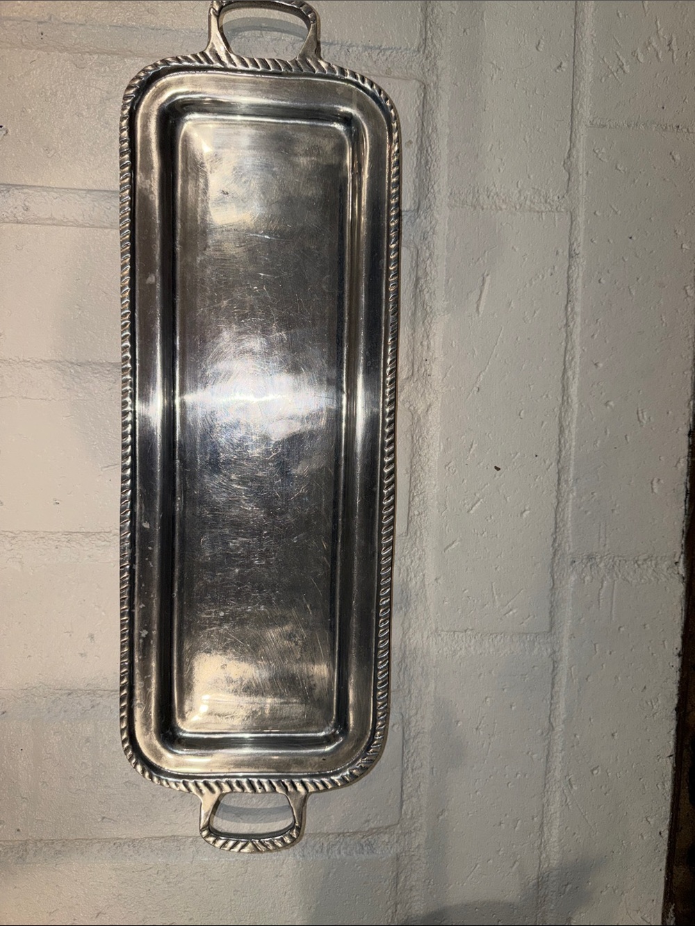 Long Rectangular Silver Serving Tray with Rope Edge
